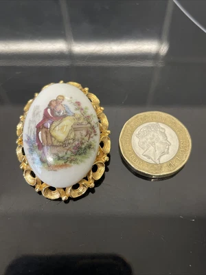 Vintage Limoges France Porcelain Brooch In Golden Coloured Frame • £6