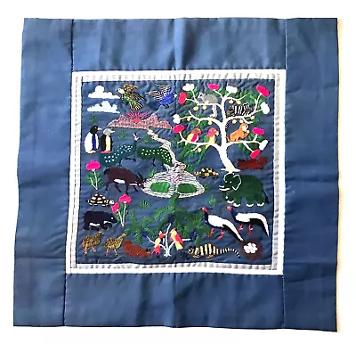HMONG STORY CLOTH Embroidered Animals TEXTILE Handmade Folk Art Frame Pillow 15  • $35