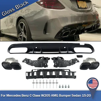 For Mercedes Benz 15-20 W205 AMG Rear Bumper C63 Style Rear Diffuser Exhaust Tip • $259.33