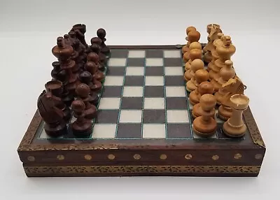 Vintage Wood Chess Set 32 Carved Pieces Wood/Brass Board Glass Top Velvet Lined • $24.99