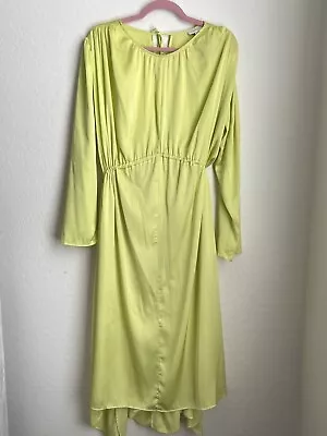 Topshop Dress Ruched Oversized Long Sleeve Satin Maxi Neon Bright Yellow US 4-6 • £19.28