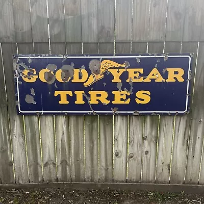 1930's Original Antique Vintage Goodyear Tires Big Porcelain Sign - Bullet Holes • $1500