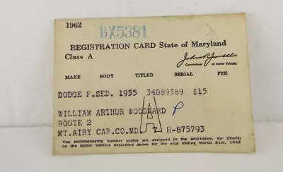 1962 Maryland Car Registration Stub Card Vintage • $11.99