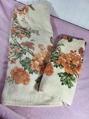 Vintage Bath Towel And Hand Towel Floral USA Peach/ Green • $12.99