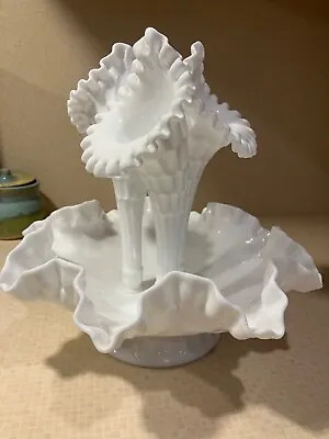 Fenton Milk Glass/Olde Virginia Thumbprint 3 Horn Epergne EXCELLENT Condition! • $60