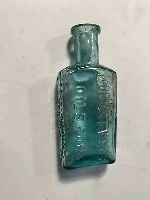 Antique Morris Evans Oil Aqua Glass Bottle  “For Use All Complaints”  • $175