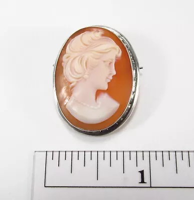 Vintage 800 European Silver Carnelian Shell Hand Carved Portrait Cameo Brooch 1  • $39.95