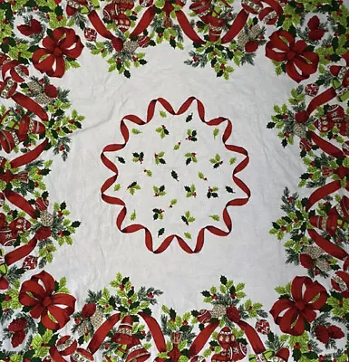 Vintage 1950s Christmas Tablecloth 47 X 49 Red Ribbons Bells Ornaments - Vivid • $39.95