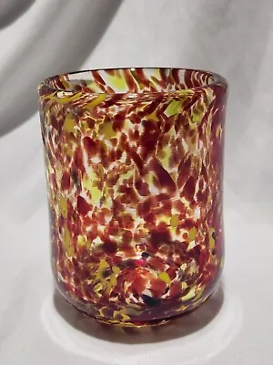 Murano Hand Blown Candle Votive Art Glass Tumbler Multicolor Red Yellow Confetti • $39