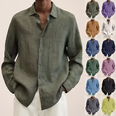 Mens Long Sleeve Cotton Linen Dress Shirt Casual Solid Button-up Baggy Tops UK • £11.59