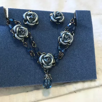 Vintage Avon 2003 Blue Roses Necklace And Earrings Giftset • $35