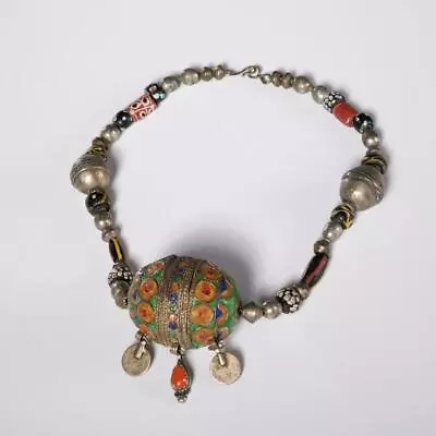 Berber Morocco Necklace W Silver Metal Enameled Egg Form Tagmout Bead Vintage • $220