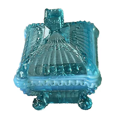 VTG Northwood Alaska Blue Opalescent Glass Sugar Bowl Dish & Lid Chipped Finial • $35