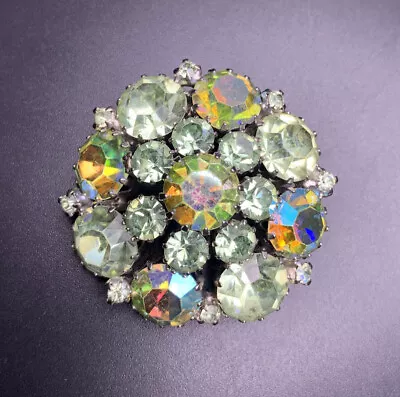 Weiss Brooch Pin Green Rhinestone Aurora Borealis AB Round Domed Signed Vintage • $49.95