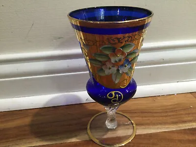 Tre Fuochi Murano Cobalt Blue Goblet Water 6.75 Stem Glass Hand Painted 24K Gold • $29.19