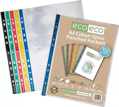 Eco-eco A4 100% Recycled Coloured Spine Multi Punched Pockets Glass Clear Tran • £9.24