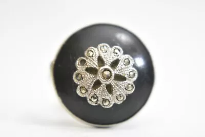 Dome Ring Onyx Marcasite Mourning Women Band Sterling Silver  Size 6.25 • $68