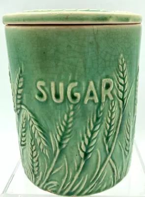 Antique HULL POTTERY GREEN GLAZE EMBOSSED WHEAT 5 7/8  SUGAR CANISTER JAR W/LID • $104.99