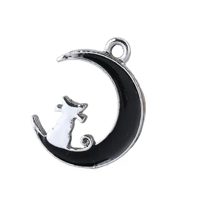 £1.95 • Buy ❤ 10 X SILVER Tone Halloween Black Enamel CAT MOON Charm 20mm Jewellery Making ❤