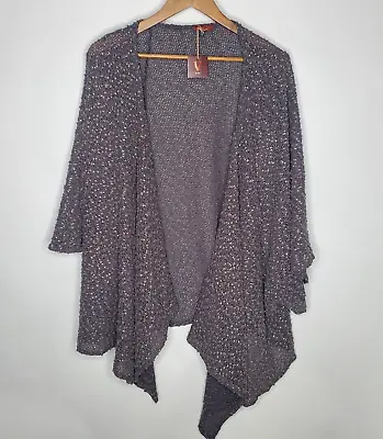 V By Eva Womens Brown Metallic Open Popcorn Cardigan Size 1X Wide Sleeve Flowy • $24.99