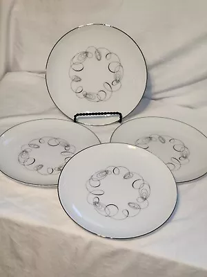 4 TEMPO By Meito MCM Salad Plates White China With Platinum Trim Swirl EUC 7.5in • $18