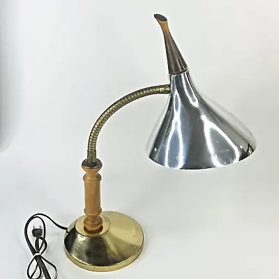 Vintage MCM Atomic Gooseneck Table Desk Lamp Wood Metal Starburst • $37.47