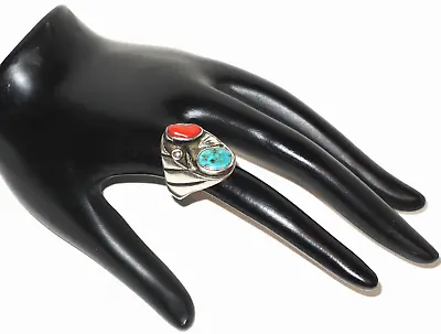 VINTAGE Mens NAVAJO Turquoise Coral STERLING SILVER Ring Size 9 Signed A W/Arrow • $165