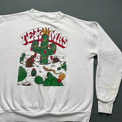 Vintage Texas Sweatshirt Mens L White Christmas Cactus Texmas Funny Desert 90s • $24.99