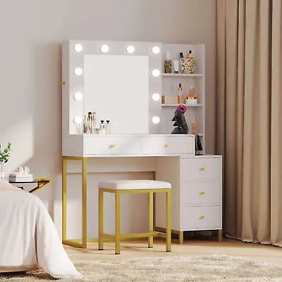 Bedroom Vanity Makeup Dressing Table Set With 10 Led Light Mirror And 5 Drawers • $188.44