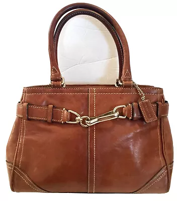 Belted Coach Satchel Tote Handbag Brown Leather Silver Zipped Base Studs • £56.86