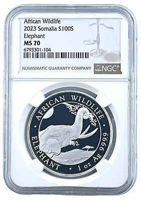 2023 Somalia 1oz Silver Elephant 100 Shillings Coin NGC MS70 Brown Label POP 107 • $79
