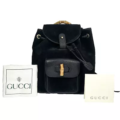 Vintage Gucci Bamboo Backpack Drawstring Bag Purse Black Suede Leather Small • $319