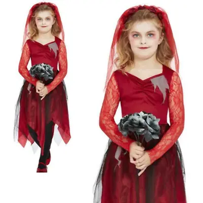 Girls Halloween Bride Costume Red Grave Yard Scary Zombie Bride Fancy Dress Outf • £11.99