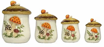 Vintage Merry Mushroom Sears Roebuck 4 Pc Canister Set Double Sided Japan 1976 • $199.99