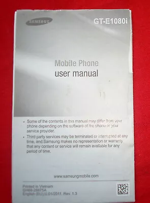 Samsung GT-E1080i User Manual/guide/instruction Booklet • £3.99