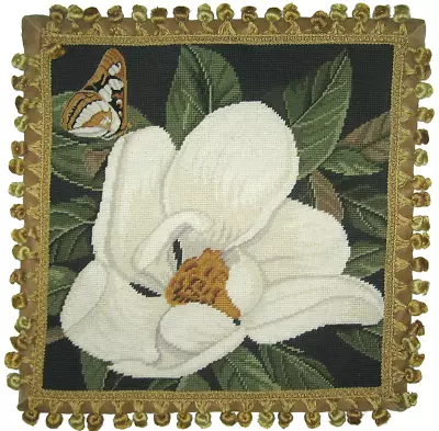 18  X 18  Handmade Wool Needlepoint Petit Point Butterfly And Magnolia Pillow • $290.40