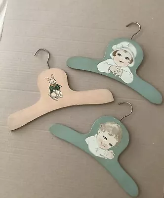 Vintage Lot Of 3 Wood Baby Clothing Hangers Baby Boy Bunny & Little Girl • $19.99