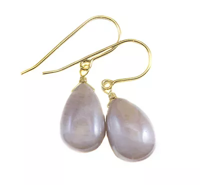 Mystic Moonstone Earrings Pink Smooth Teardrops Sterling 14k Solid Yellow Gold • $39