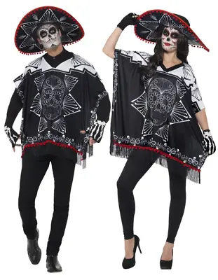 Day Of The Dead Deluxe Poncho Adults Bandit Halloween Mexican Fancy Dress • £26.99