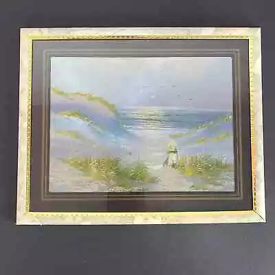 Painting Of Foil Of Child On Sand Dunes Looking At The Ocean Framed Vintage • $14.99