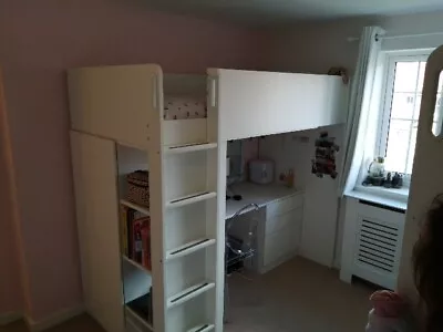 Ikea  White Stuva Kids Childrens Loft Bed With Desk And Wardrobe • £150