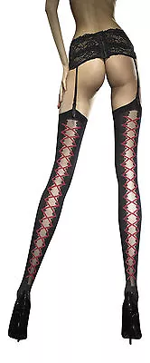  Patterned Stockings By Fiore Valentis With Red Contrast Lace Up Corset Pattern • £6.69