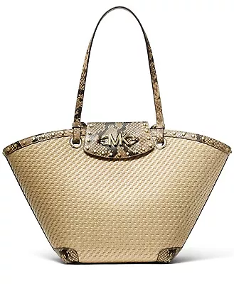 NWT MICHAEL Kors Izzy Medium Fan Straw Tote Natural MSRP$328 • $209