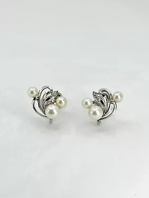 Mikimoto Engraved Vtg  Saltwater Akoya Pearl Sterling Silver Screwback Earrings • $225