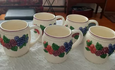 Vintage 1980's Mary Ann Baker Coffee Cups Embossed Berries Pattern - Set Of 5 • $14.99