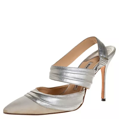 Manolo Blahnik Silver Leather And Grey Grosgrain Alla Pumps Size 37 • $115.50