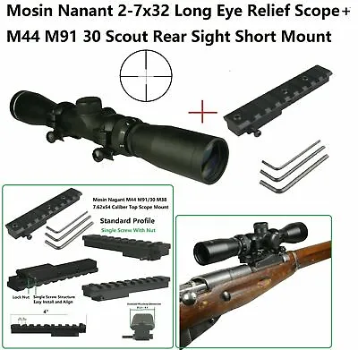 HOT!! Mosin Nagant M44 M91/30 M38 Top Scope Mount + 2-7x32 Long Eye Relief Scope • $62.99