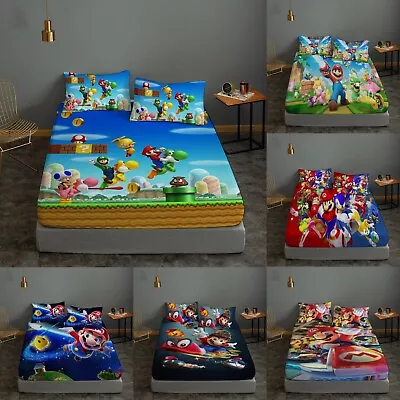 Super Mario 3Pcs Deep Pocket Fitted Sheet Set W/Pillowcases Mattress Cover Gift • $55.09