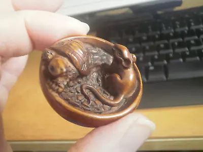 2b.  Hand Carved Wood Netsuke Of A Mouse & Turtle In A Bowl Boxwood Figure • £24.99