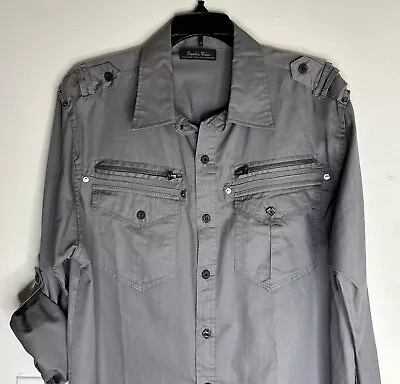Mens Shirt Gray Button Up Front Long Sleeve Roll Tabs Pockets  Smoke Rise L/XL • $29